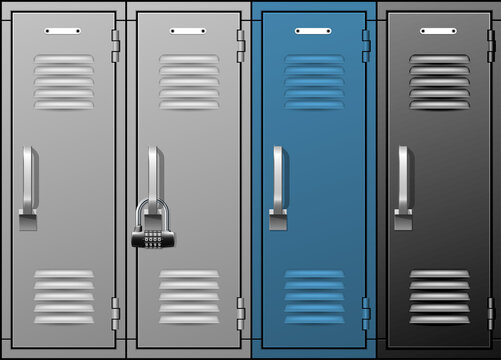 Locker room metal cabinets, row of school or gym lockers, blue and grey luggage storage, vector