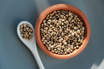 A bunch of cannabis seeds lie on a spoon and plate. Hemp grain on blue background, top view.