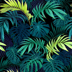 Seamless hand drawn tropical vector pattern with monstera palm leaves on dark background.