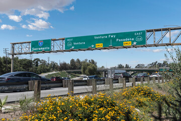Ventura Freeway interchange sign on Interstate 5 near Griffith Park and Burbank in Los Angeles,...