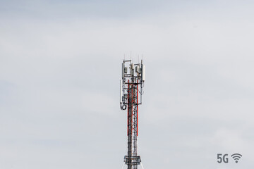 Telecommunication tower with 4G, 5G transmitters. concept of radio emission and harm to health