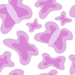 Fototapeta na wymiar Seamless pattern with abstract butterflies in purple color. Blossom spring backdrop. Trendy retro psychedelic background in 90s, 00s style. 