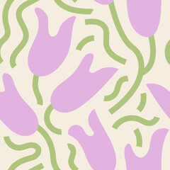 Seamless pattern with purple tulips and abstract green lines. Blossom spring vector background in retro style