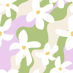 Abstract wavy seamless pattern with white flowers and colorful waves. Blossom spring backdrop. Trendy retro psychedelic background in 90s, 00s style. 