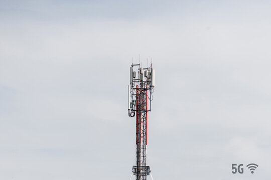 Telecommunication Tower With 4G, 5G Transmitters. Concept Of Radio Emission And Harm To Health