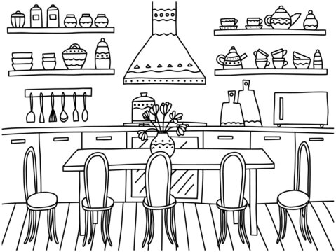 Kitchen interior vector coloring page. Cute coloring page with cozy kitchen and dining table.