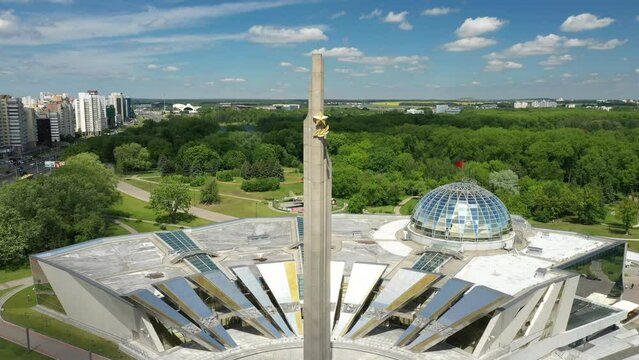 Outdoor view of Stela, Minsk Hero city Obelisk, Belarusian State Museum of the History of the Great Patriotic War. The Stela &ldquo;Minsk is a hero city&rdquo;. Drone View. Bird's Eye View