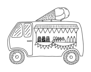 Ice cream truck coloring page. Cute food van with ice cream.