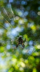 Spider on spider web. Macro close-up in the garden. Short depth of focus, images of nature.