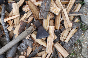 ax and chopped wood, chopping wood with an ax,