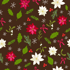 Fototapeta na wymiar Christmas seamless pattern with holly and mistletoe leaves and berries