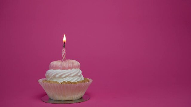 birthday cupcake with candles and birthday decorations on pink background.Copy space.place for text