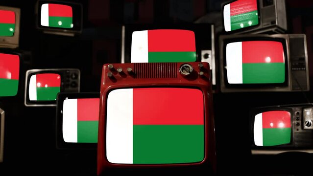 Flag of Madagascar and Vintage Televisions. 4K Resolution.