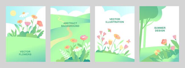 Fototapeta na wymiar Set of vector cards with leaves and flowers. Abstract landscapes. Vertical templates for websites, greeting cards and advertising banners. Floral designs in flat cartoon style.