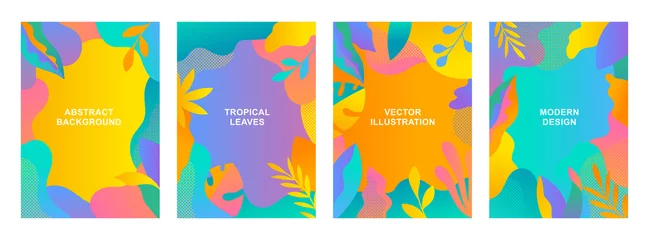Fotobehang Set of vector abstract tropical cards. Vertical templates for websites, greeting cards, advertising banners. Designs with palm leaves and flowers in flat cartoon style. © Anna Sm