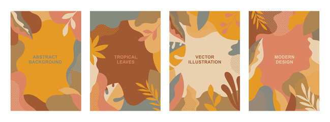 Set of vector abstract tropical cards. Vertical templates for websites, greeting cards, advertising banners. Designs with palm leaves and flowers in flat cartoon style.