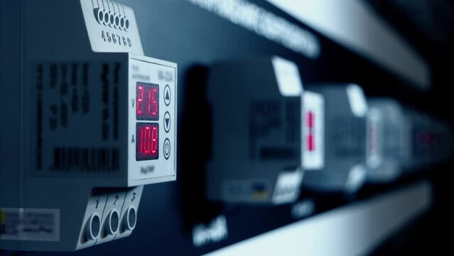 Many voltage relays on the plant factory. System power control.