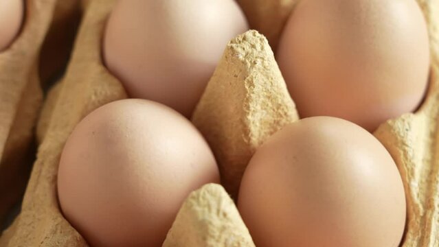 Closeup view 4k stock video footage of fresh raw organic chicken eggs from farmer isolated in special carton egg box or package. Food abstract background