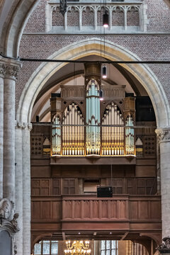 Interior of Pieterskerk (or Pilgrim Fathers Church, from 1121) is a late-Gothic Dutch Protestant church in Leiden dedicated to Saint Peter. Leiden, South Holland, the Netherlands. December 18, 2021.