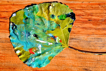 A painted Linden leaf is used as a miniature canvas-like medium for Acrylic paint designs to be used in other projects like collage