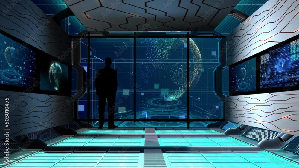 Canvas Prints man looking at planet earth holograph in futuristic cyberspace