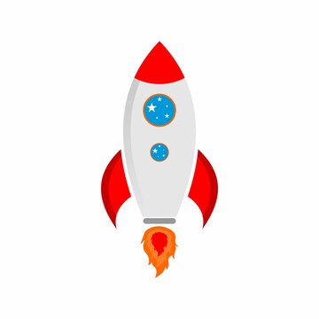 vector illustration of launched rocket, spaceship, white and red