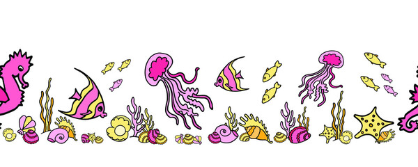 Pink Marine Sesmless Border with Cute Ocean Inhabitants.