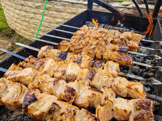 Grilled salmon fish kebab skewers on wooden board. Dark wooden background.