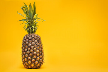 Fresh pineapple on a bright yellow background with copy space
