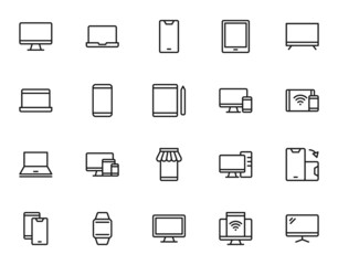 Electronic devices concept. Line icon collection including icons of laptop, tablet, smartphone, computer, wristwatch, e-commerce. Suitable for internet shops, stores, advertisement etc