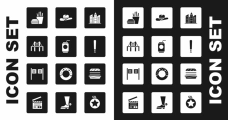 Set City landscape, Soda can with straw, Golden gate bridge, Burger french fries, Baseball bat, Western cowboy hat, and Saloon door icon. Vector