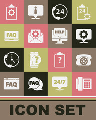 Set Telephone, Location with gear, 24 hours support, Envelope setting, Laptop and FAQ, Checklist service and Computer monitor help icon. Vector