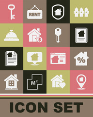 Set Location with house, House percant discount, Online real estate, under protection, dollar symbol, Hotel service bell, key and icon. Vector