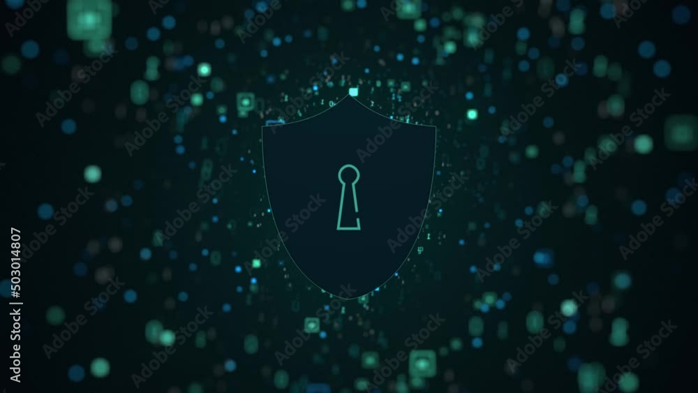 Poster shield icon on secure global network, cyber security and information network protection, future tech