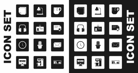 Set Cup of tea with tea bag, Identification badge, Headphones, Post note stickers, Certificate template, Table lamp, Envelope and Clock icon. Vector