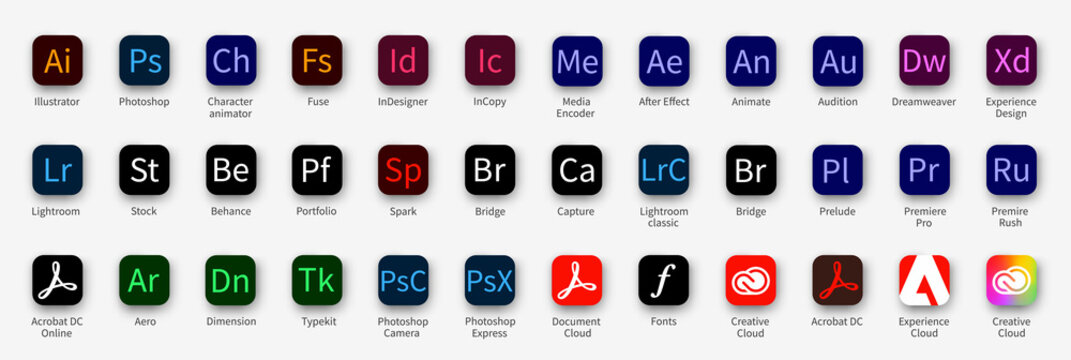 Set Adobe Products. Logotype set of adobe products: adobe, illustrator, photoshop, creative cloud, after effects, lightroom, Dreamweave. Vector illustration