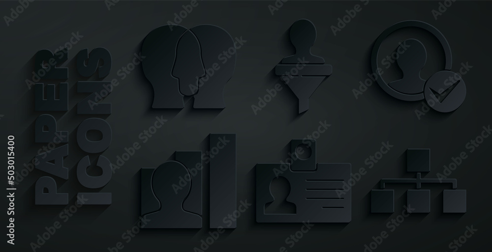 Poster set identification badge, create account screen, productive human, hierarchy organogram chart, head 