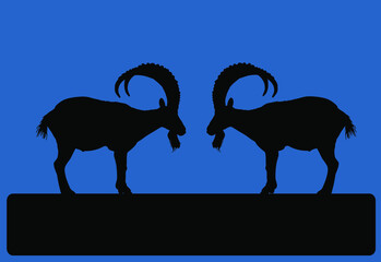 Two bighorn male goats on chump fighting vector silhouette illustration isolated on black. Angry stubborn animal competition. Alpha goat macho conflict over wooden bridge. Natural battle for mating.