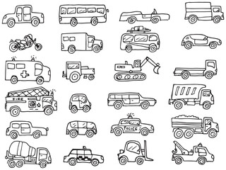 Simple hand drawn doodles, cartoon cars set on white background