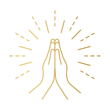 golden hands in praying position with sunburst- vector illustration