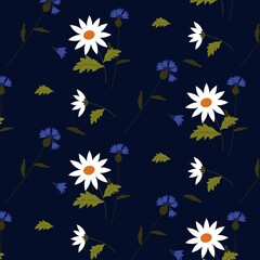 Web Wildflowers on a dark background. Floral pattern. Linen. Factory textiles. 60s.