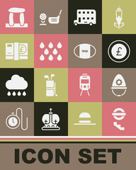 Set London underground, British police helmet, Coin money with pound, Double decker bus, Water drop, Pound sterling, Stonehenge and Rugby ball icon. Vector