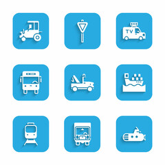 Set Tow truck, Delivery cargo, Submarine, Cargo ship with boxes, Train and railway, Bus, TV News and Tractor icon. Vector