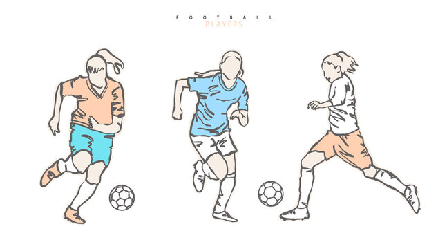 Women's football, vector illustration. Sports clipart, collection of hand-drawn girls, soccer ball sketch.