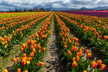 vibrant tulips in variety of colors in Skagit Valley in Washington State during the spring season