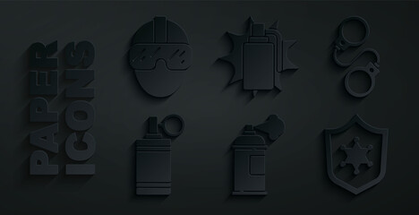 Set Paint spray can, Handcuffs, grenade, Police badge, and Special forces soldier icon. Vector