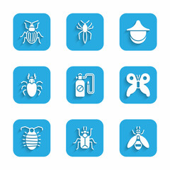 Set Pressure sprayer, Beetle bug, Butterfly, Larva insect, deer, Beekeeper hat and Chafer beetle icon. Vector