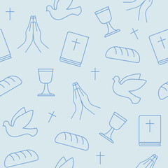 seamless pattern with christian religion icons, holy communion: bible, cross, dove, bread, chalice and praying hands; for wrapping, greeting cards- vector illustration
