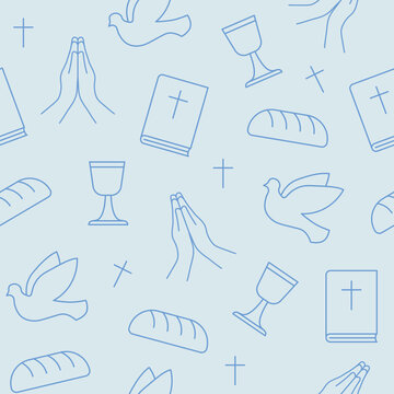 seamless pattern with christian religion icons, holy communion: bible, cross, dove, bread, chalice and praying hands; for wrapping, greeting cards- vector illustration