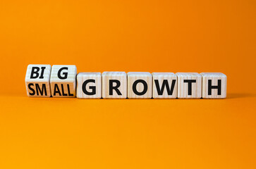 Big or small growth symbol. Turned wooden cubes and changed concept words Small growth to Big growth. Beautiful orange table orange background, copy space. Business big or small growth concept.